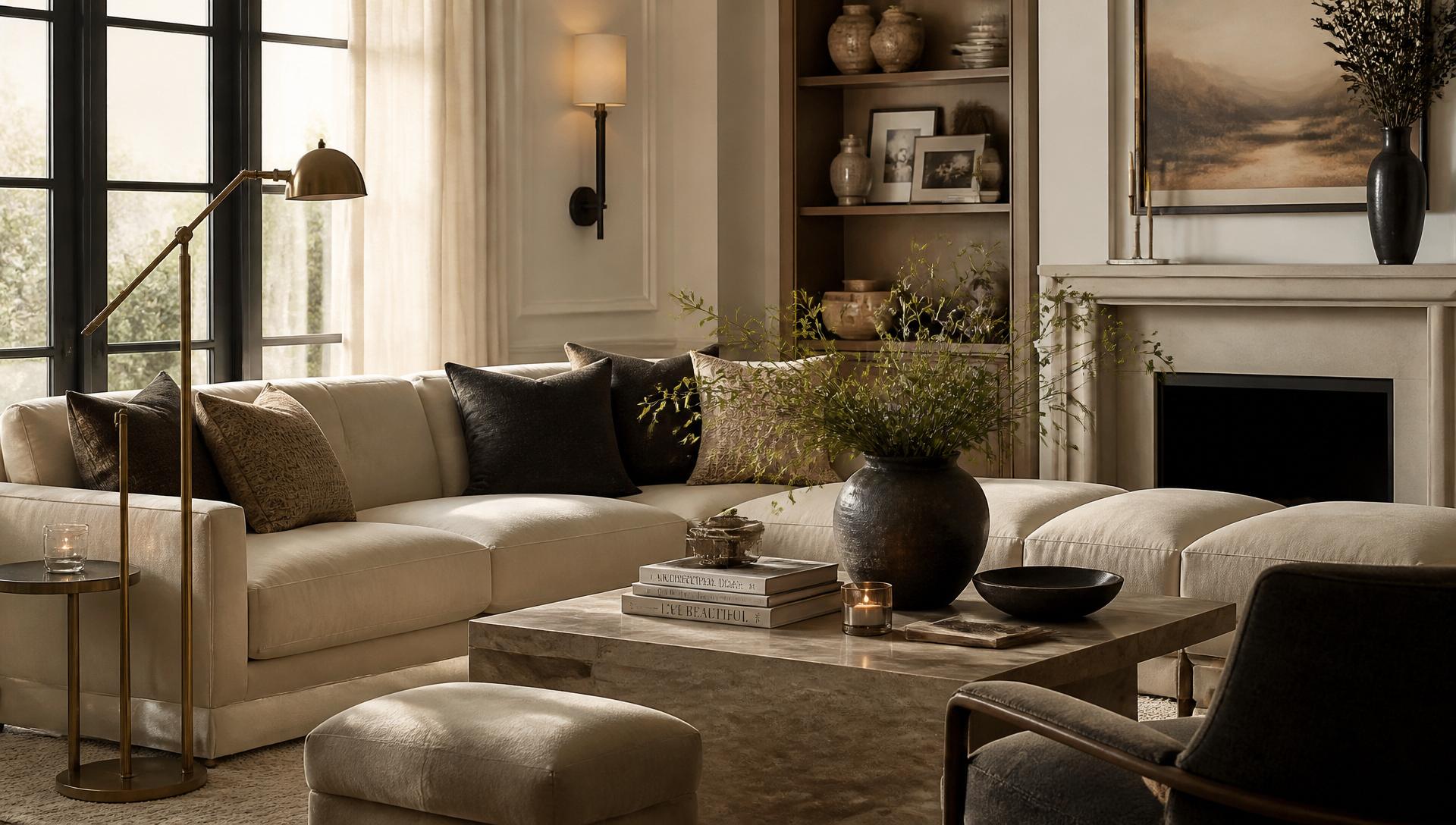 Luxury living room with warm neutral furnishings and soft natural light