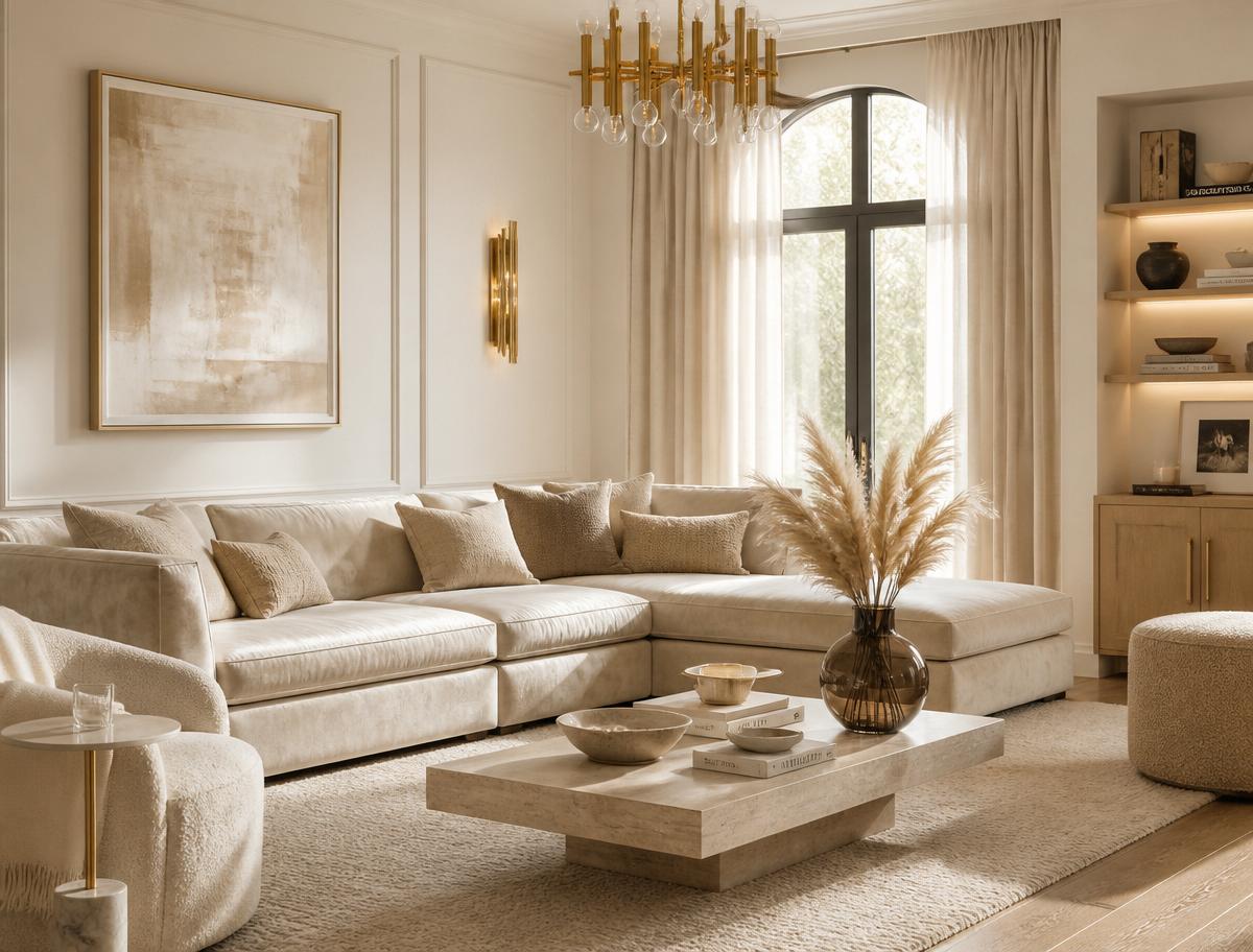 Elegant neutral living room with curated décor and soft natural light